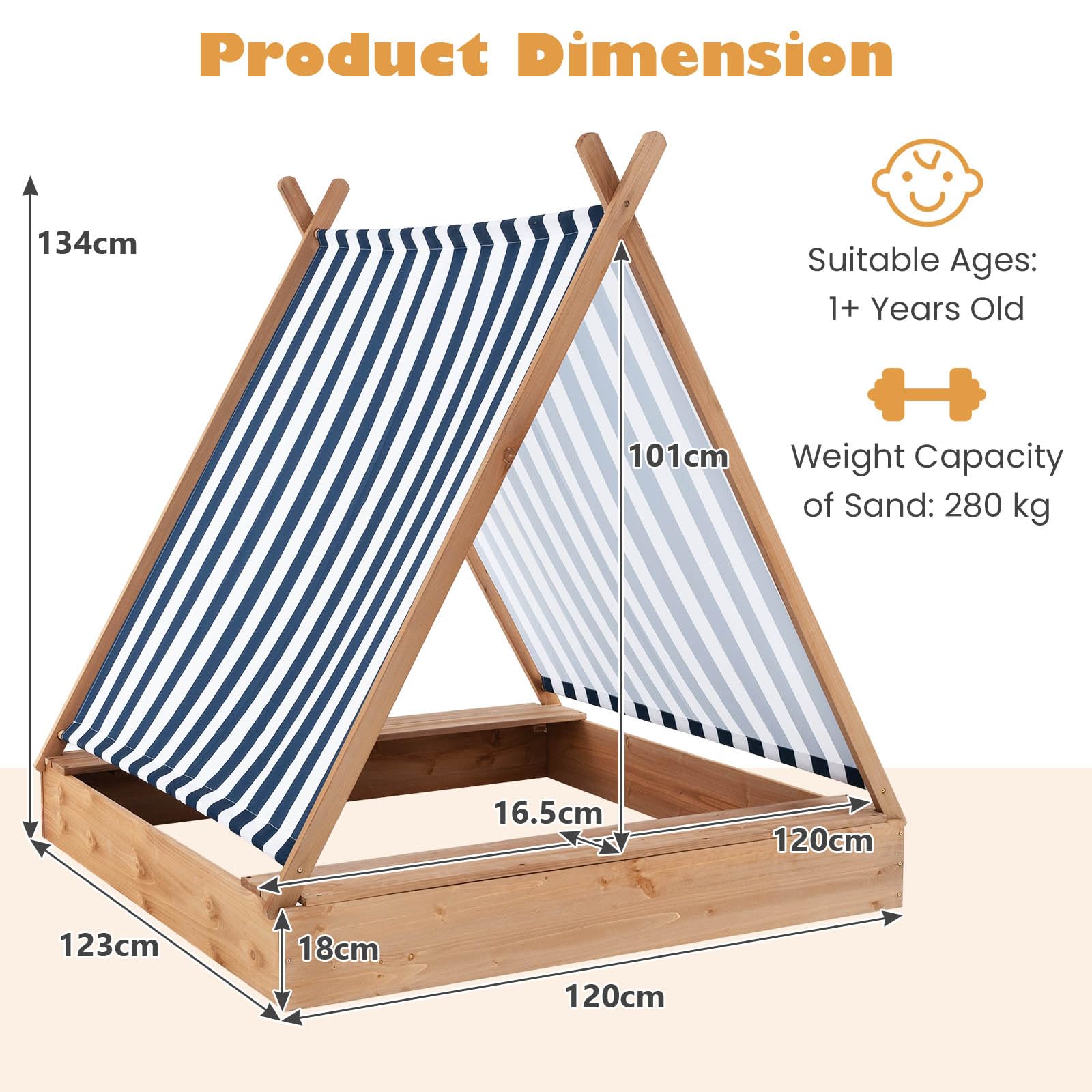 Wooden Kids Sandbox with Canopy and Tent Design