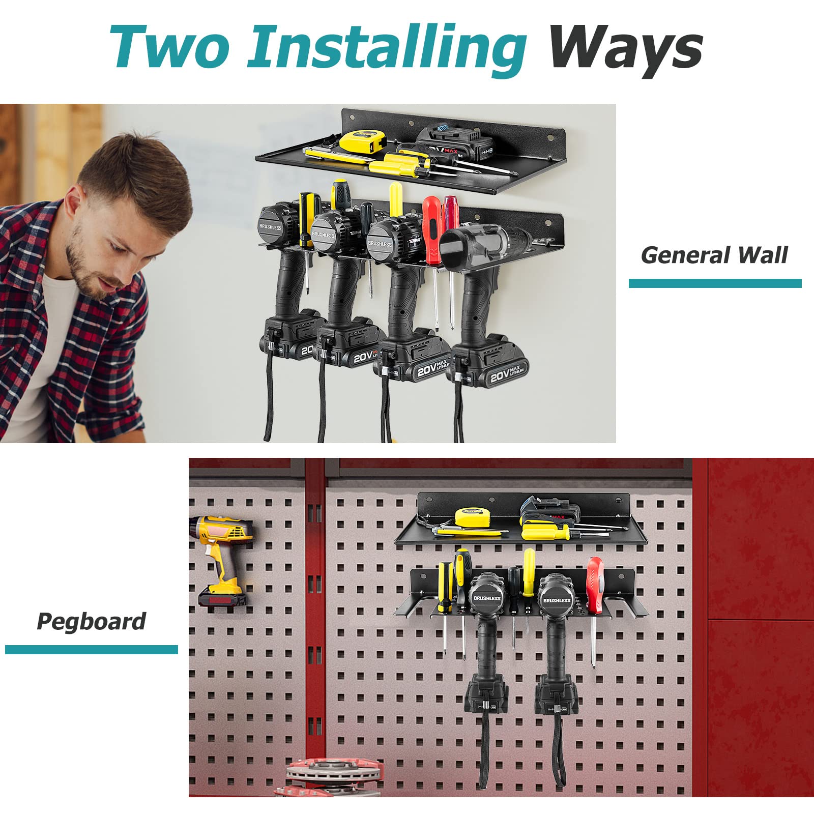 Electric Drill Storage Rack, Wall Mounted Drill Holder & Floating Shelf, Power Tool Organizer
