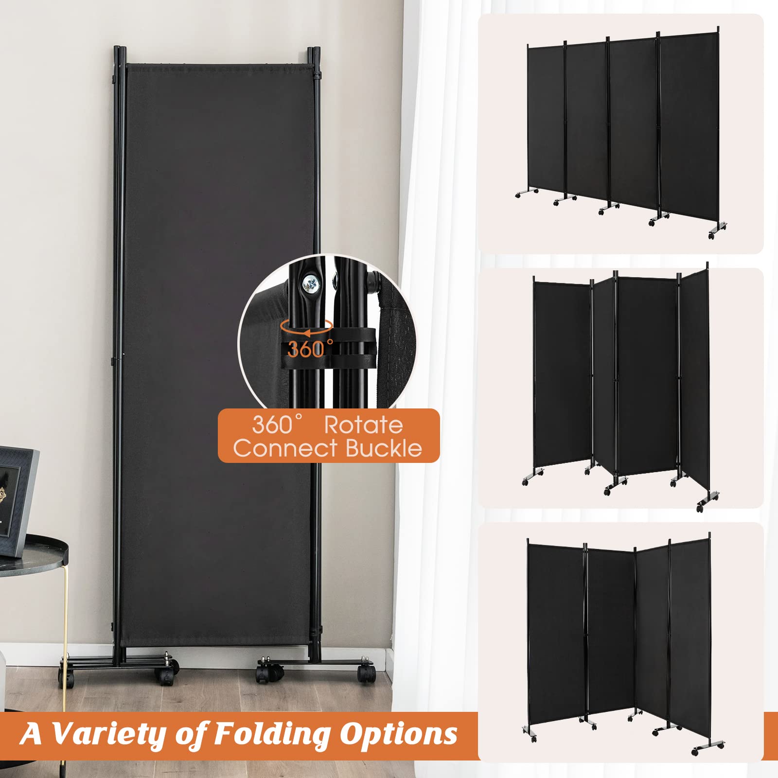 Giantex 4-Panel Folding Room Divider, 1.73m Rolling Privacy Screen with Lockable Wheels
