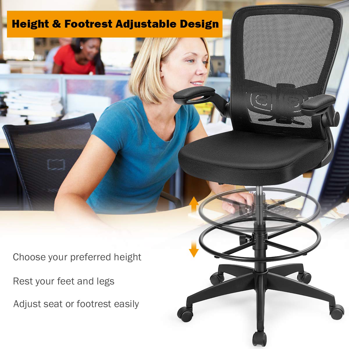 Adjustable Drafting Chair, 360° Swivel Designed Mesh Fabric Chair w/Lumbar Support