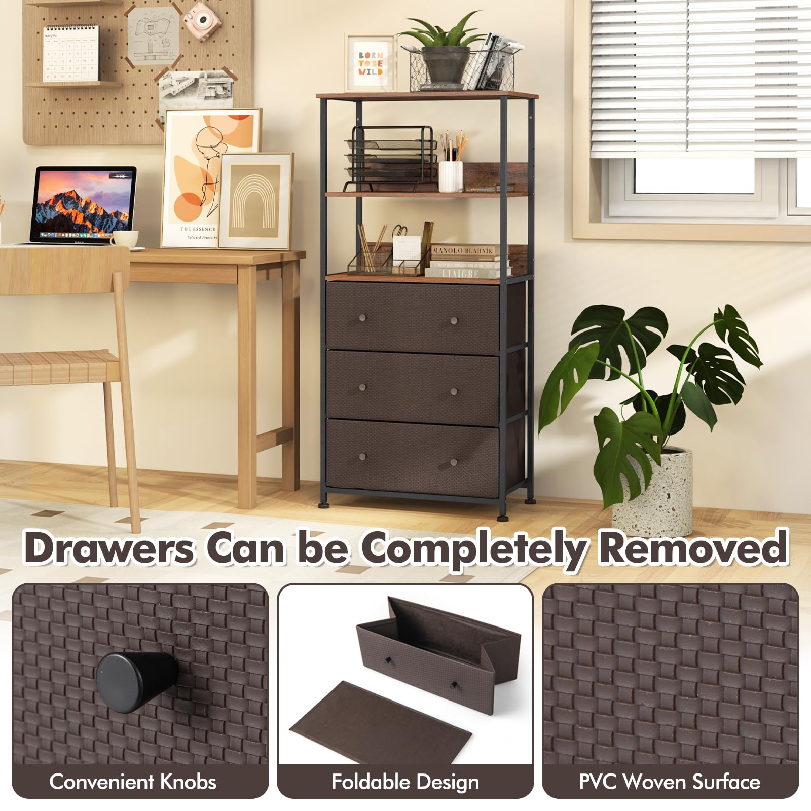 Giantex 3 Drawer Dresser w/Open Shelves, Home Vertical Fabric Storage Unit w/Metal Frame & Removable Fabric Bins