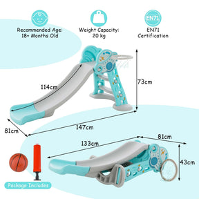 HONEY JOY 3-in-1 Indoor Slide for Kids, Folding Slide Playset with Basketball Hoop & Small Basketball