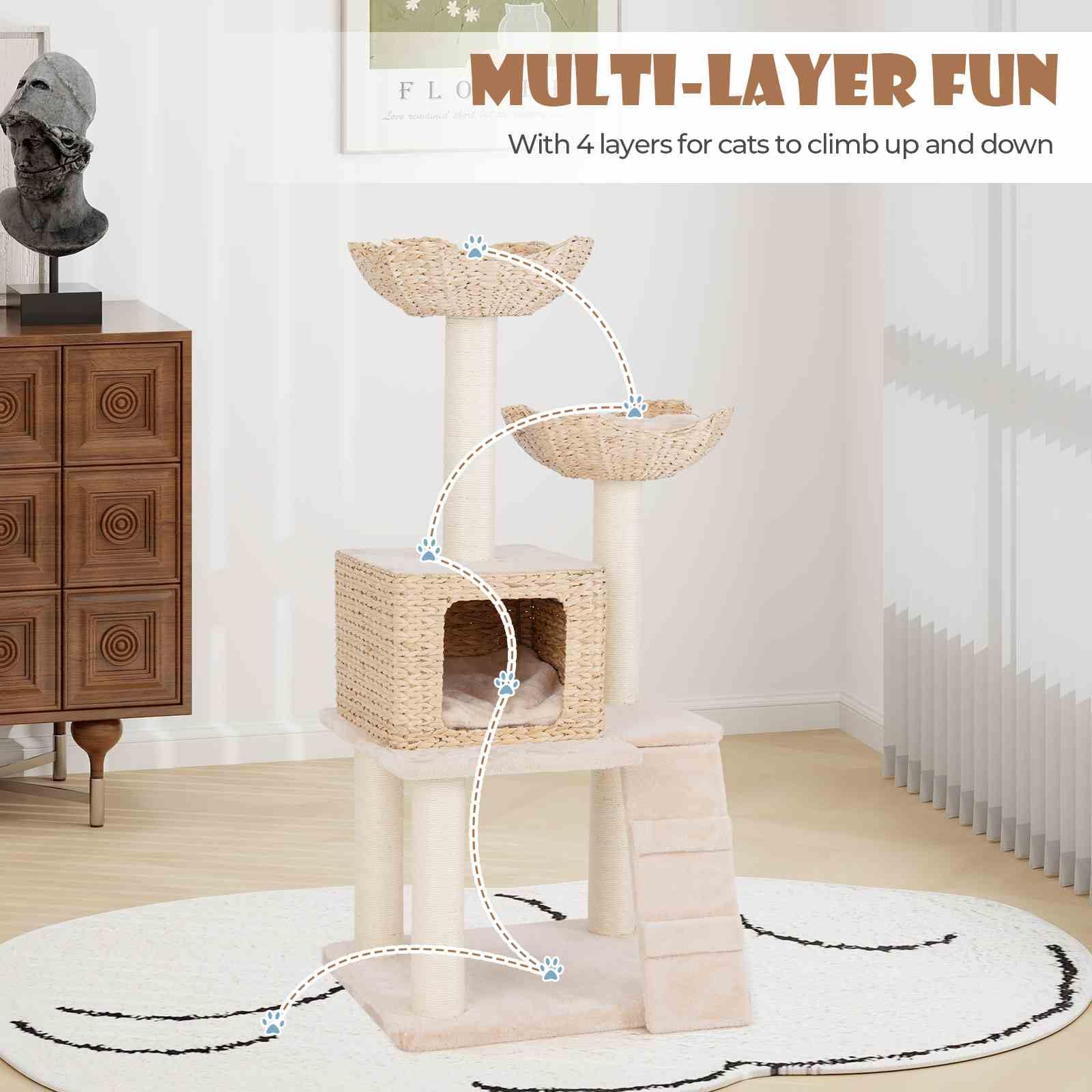 122cm Cattail Cat Tower w/Sisal Scratching Posts, Condo, Basket Bed