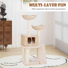 122cm Cattail Cat Tower w/Sisal Scratching Posts, Condo, Basket Bed