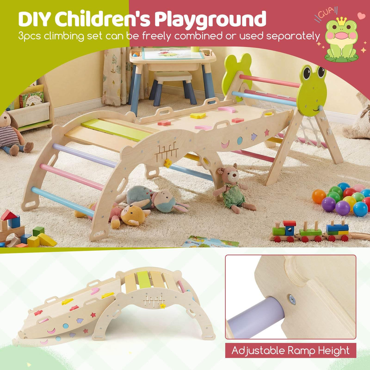 8-in-1 Wooden Triangle Set, Foldable Montessori Climbing Toys with Arch Climber, Reversible Ramp