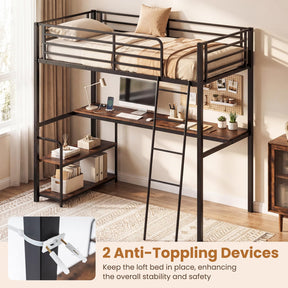 Loft Bed Single Size with Desk, 2-in-1 Metal Loft Bed Frame with Charging Station, Desk and 2 Shelves