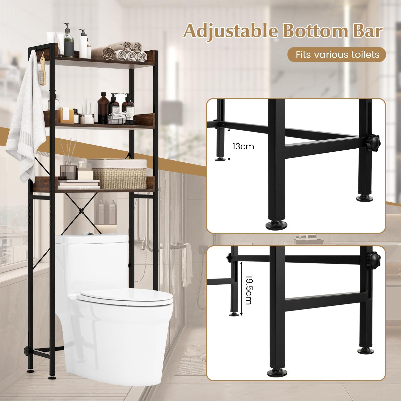 Giantex Over The Toilet Storage Rack 3-Tier Bathroom Space Saver Organizer Shelf w/ 4 Hooks & Adjustable Bottom Bar