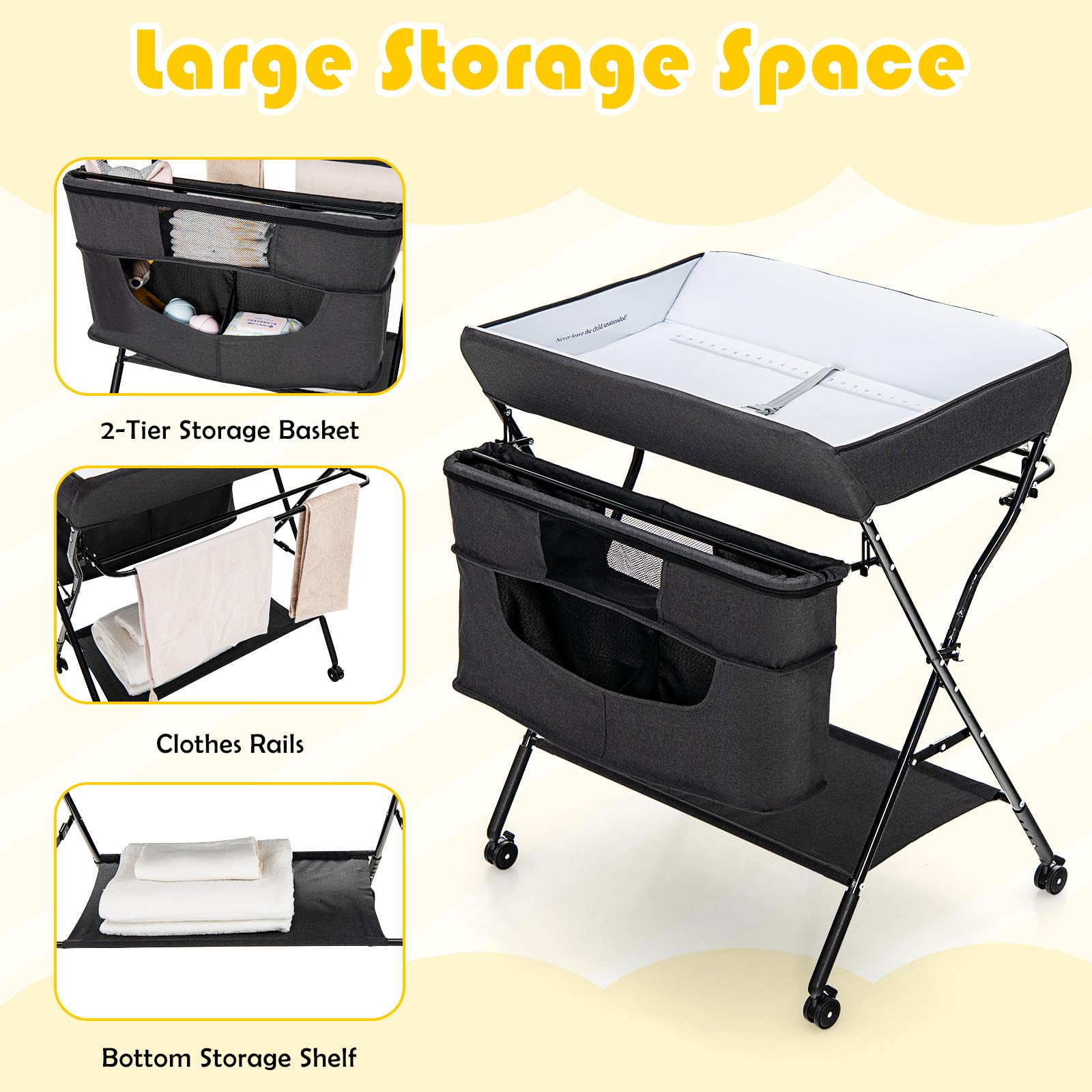Foldable Baby Changing Table Portable Nursery Stand Organiser for Infant Newborn w/Large Storage Basket & Safety Belt
