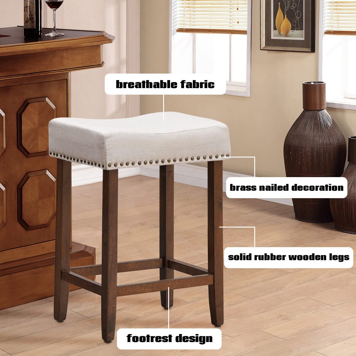 Giantex Set of 2 Saddle Bar Stools, 61cm H Backless Counter Stool, Brass Nailhead Studs