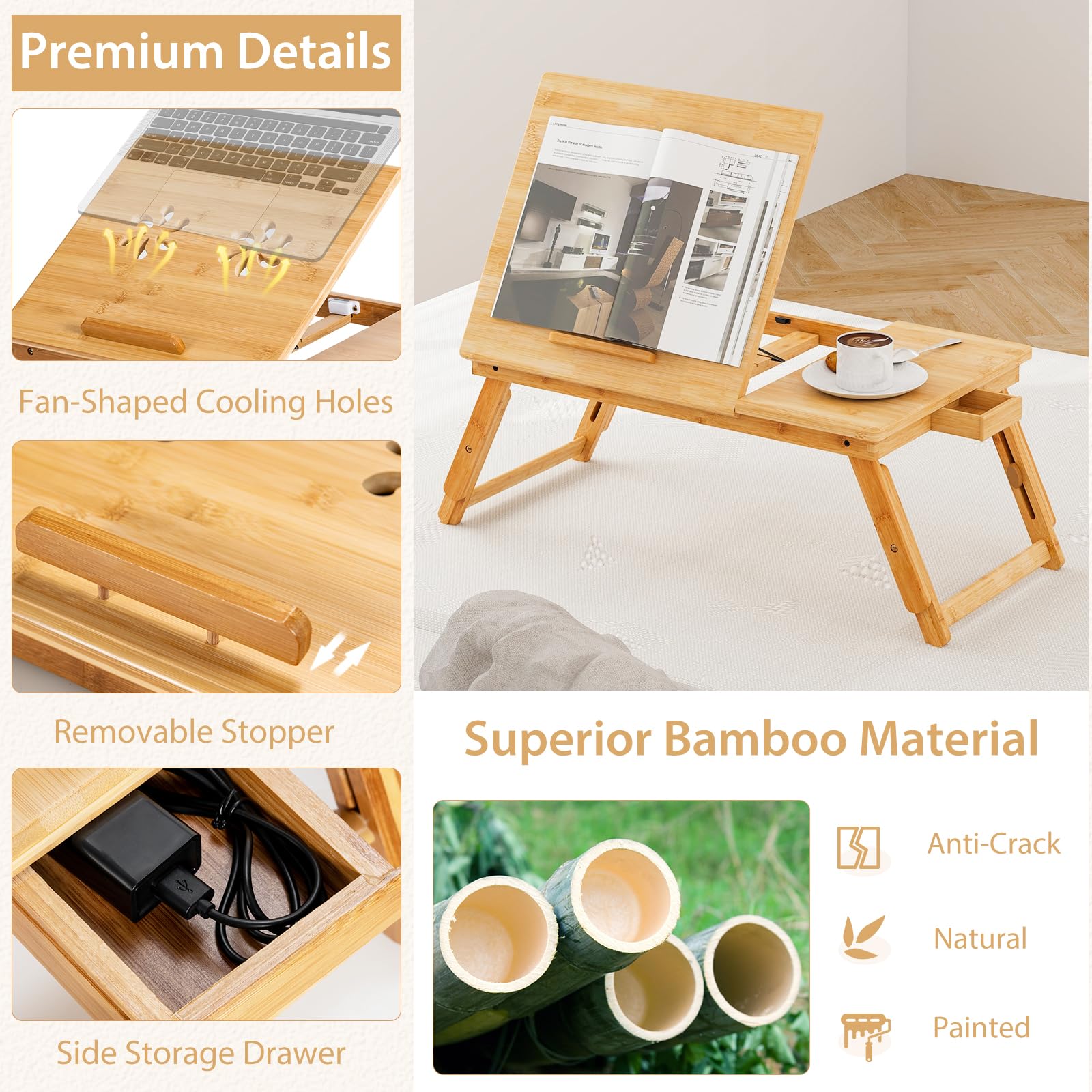 Giantex Bamboo Laptop Lap Tray w/Adjustable Legs & Tilting Heat-Dissipation Top