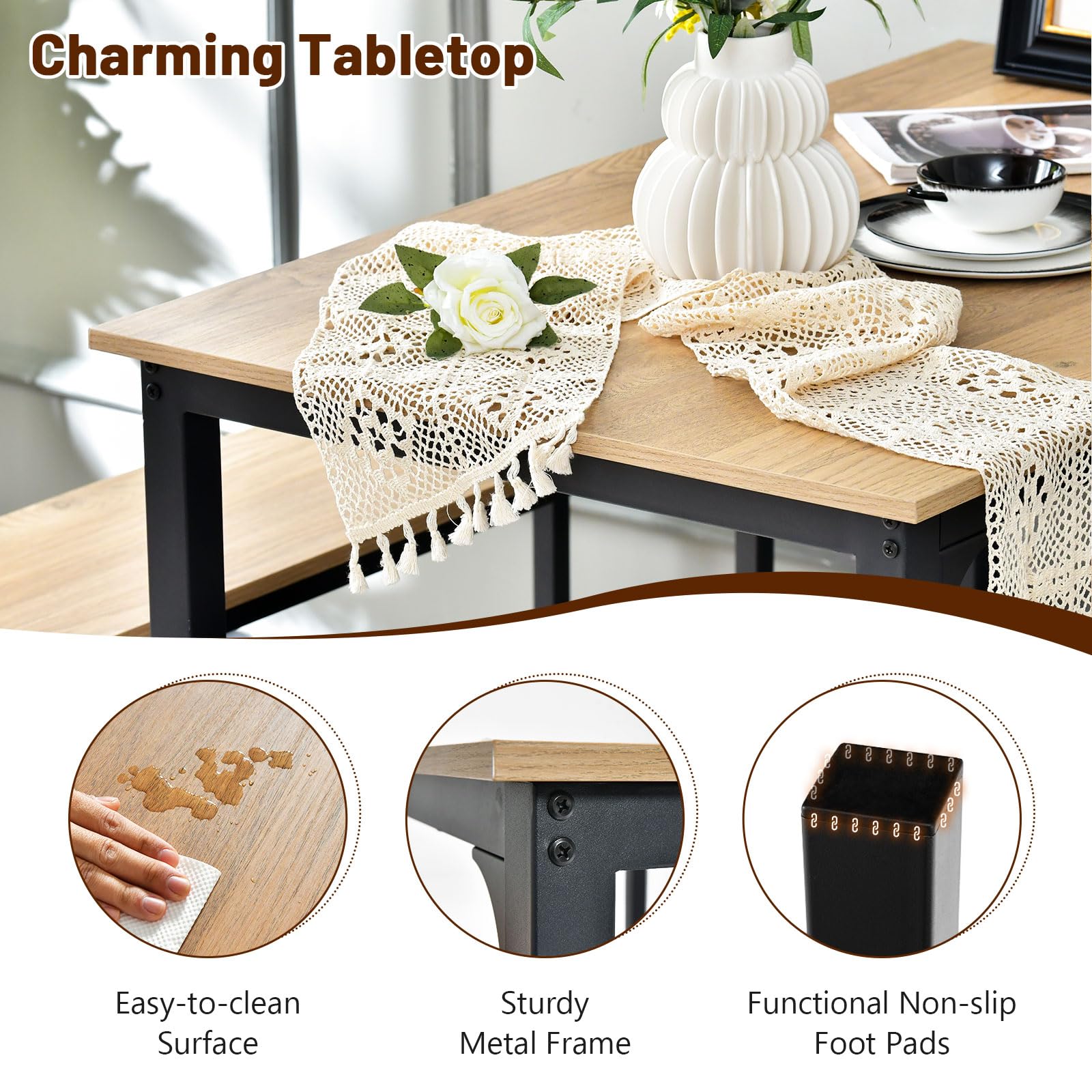 Giantex Dining Table Set for 4, 3 PCS Farmhouse Kitchen & Dining Room Furniture Kit with 2 Benches