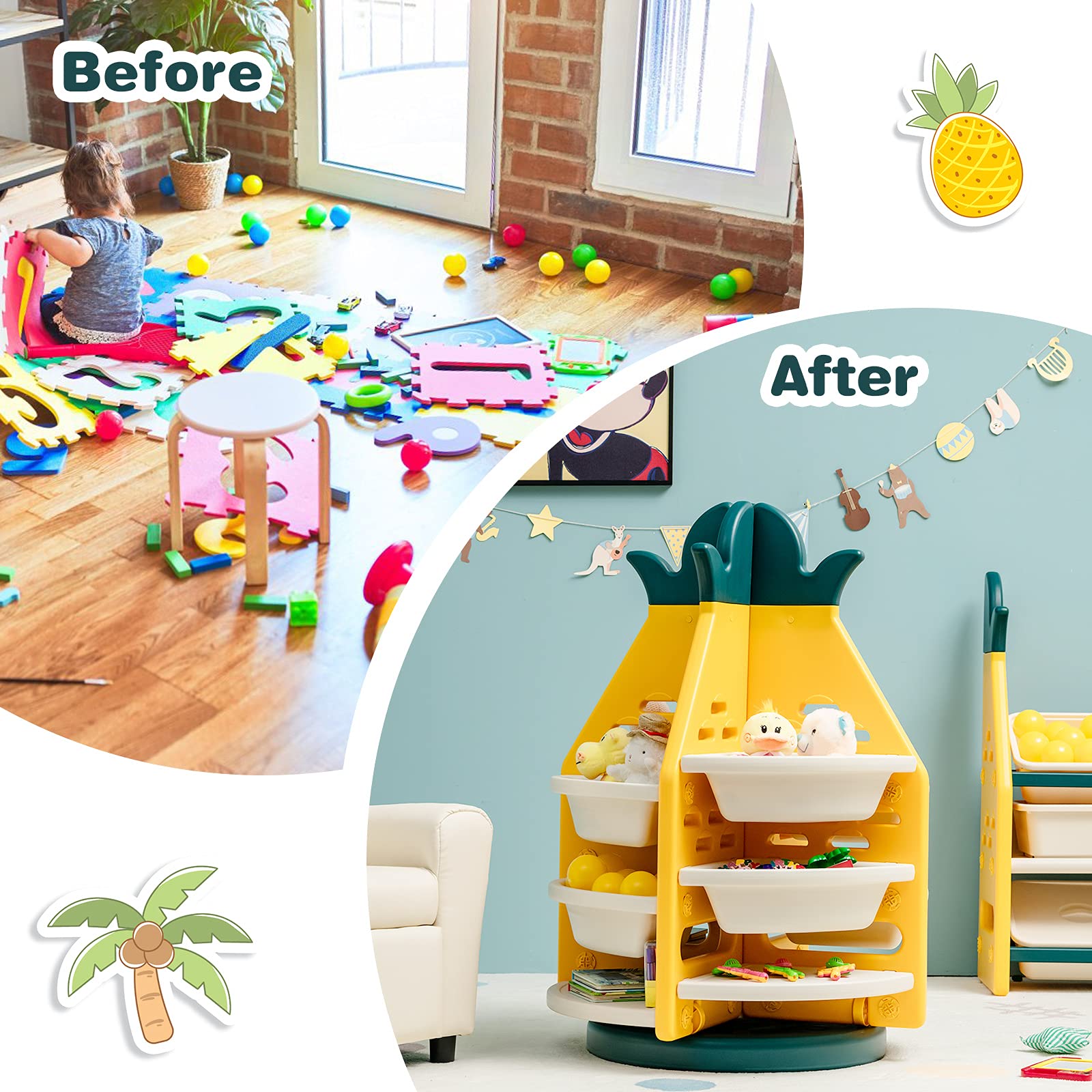 Kids Rotating Toy Storage Organizer, 3-Tier Pineapple Toy Shelf Bookcase w/ 8 Plastic Bins & 4 Shelves, 360°Revolving, Yellow & Green & White