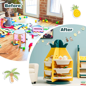 Kids Rotating Toy Storage Organizer, 3-Tier Pineapple Toy Shelf Bookcase w/ 8 Plastic Bins & 4 Shelves, 360°Revolving, Yellow & Green & White