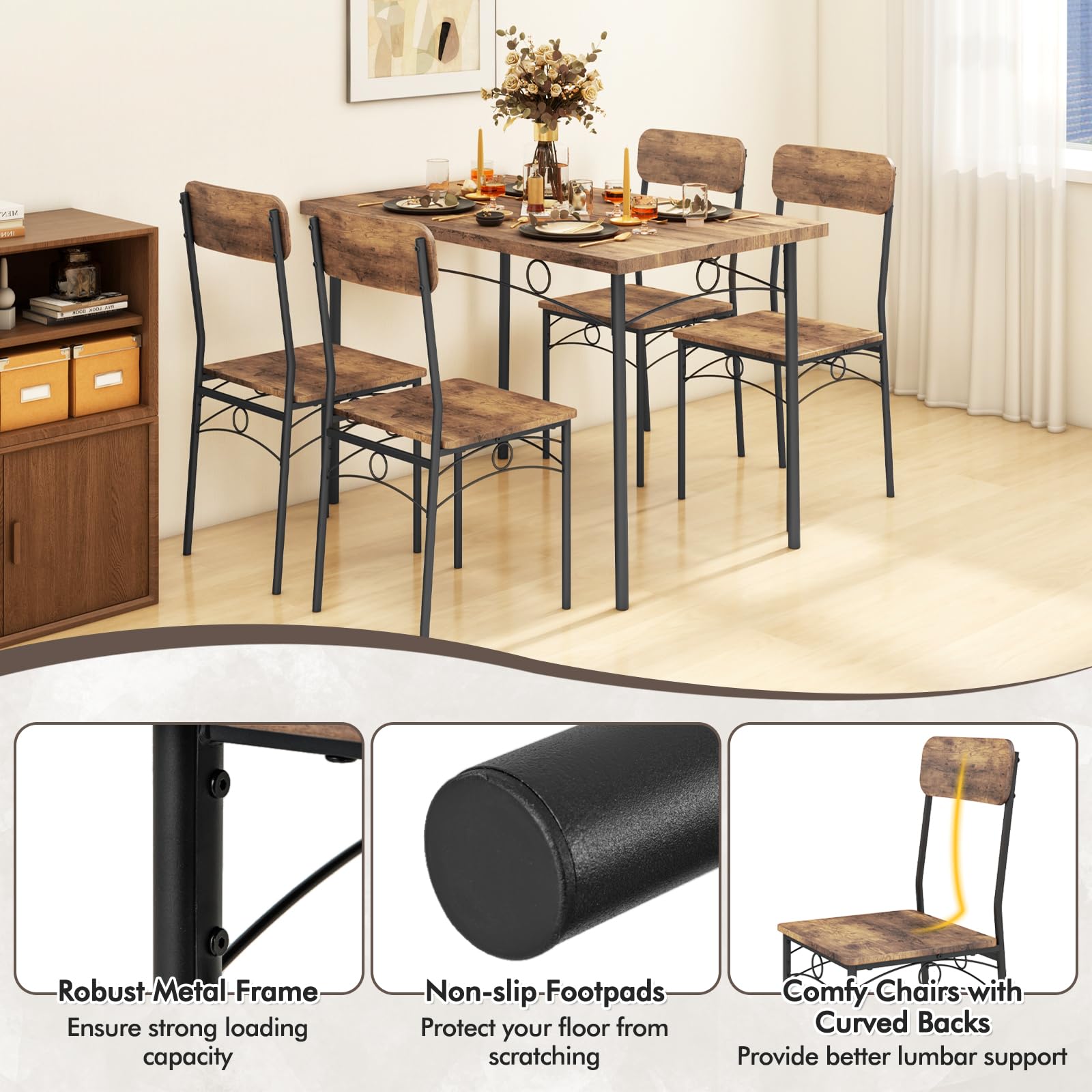 Dining Table Set for 4 5-Piece Industrial Kitchen Furniture Dinette Set