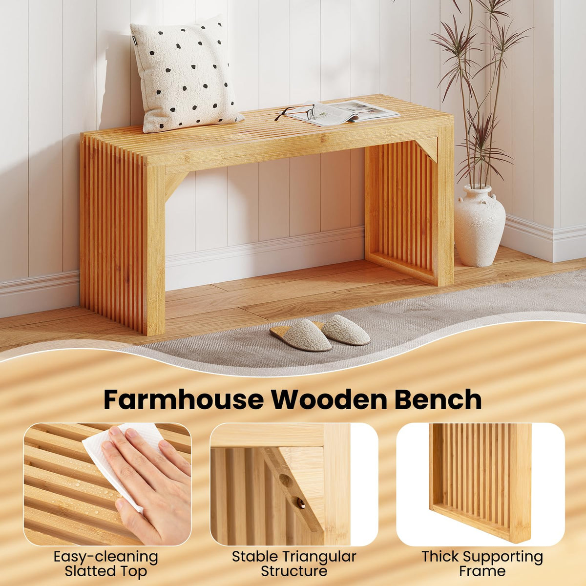 Bamboo Dining Bench, 90CM Long Entryway Bench, Indoor Outdoor Solid Wood Bench