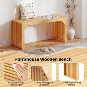 Bamboo Dining Bench, 90CM Long Entryway Bench, Indoor Outdoor Solid Wood Bench