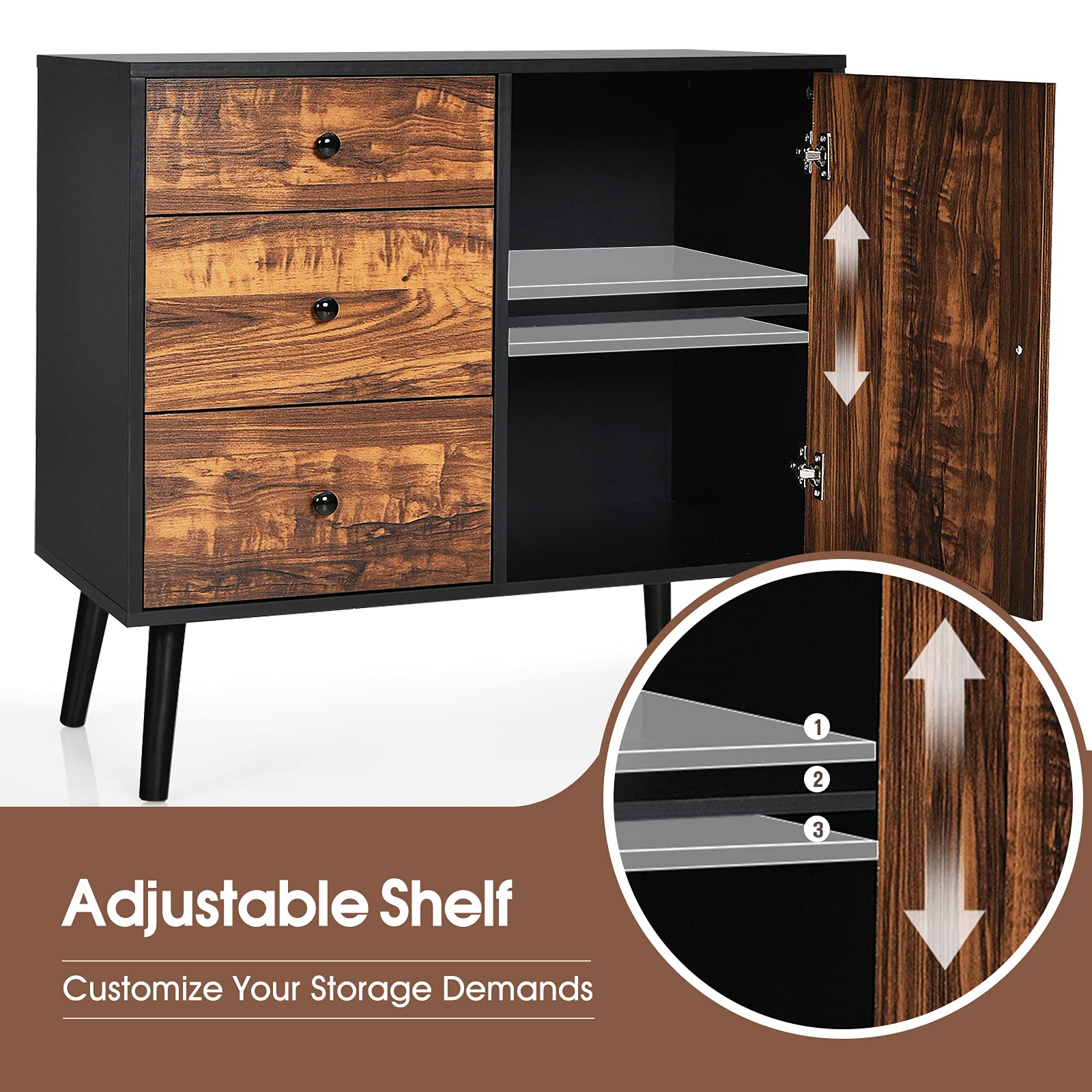 Giantex Retro Storage Cabinet, Vintage Cupboard with 3 Drawers and Adjustable Shelf Rustic Brown