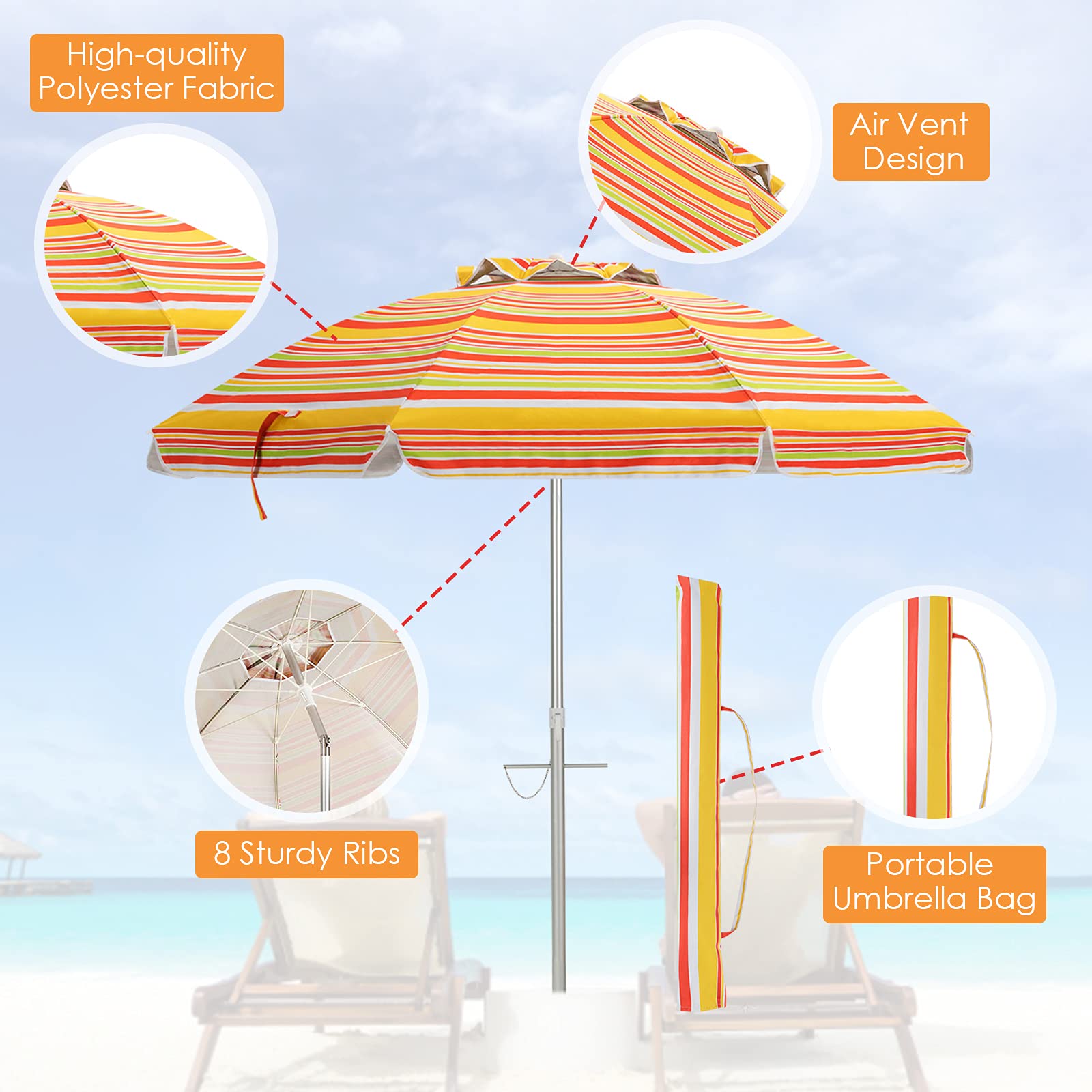 198cm Beach Umbrella w/Sand Anchor, Outdoor Patio Umbrella w/Push Button Tilt & UPF 50+ Protection