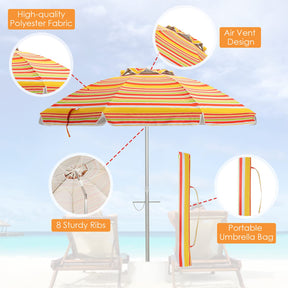 198cm Beach Umbrella w/Sand Anchor, Outdoor Patio Umbrella w/Push Button Tilt & UPF 50+ Protection