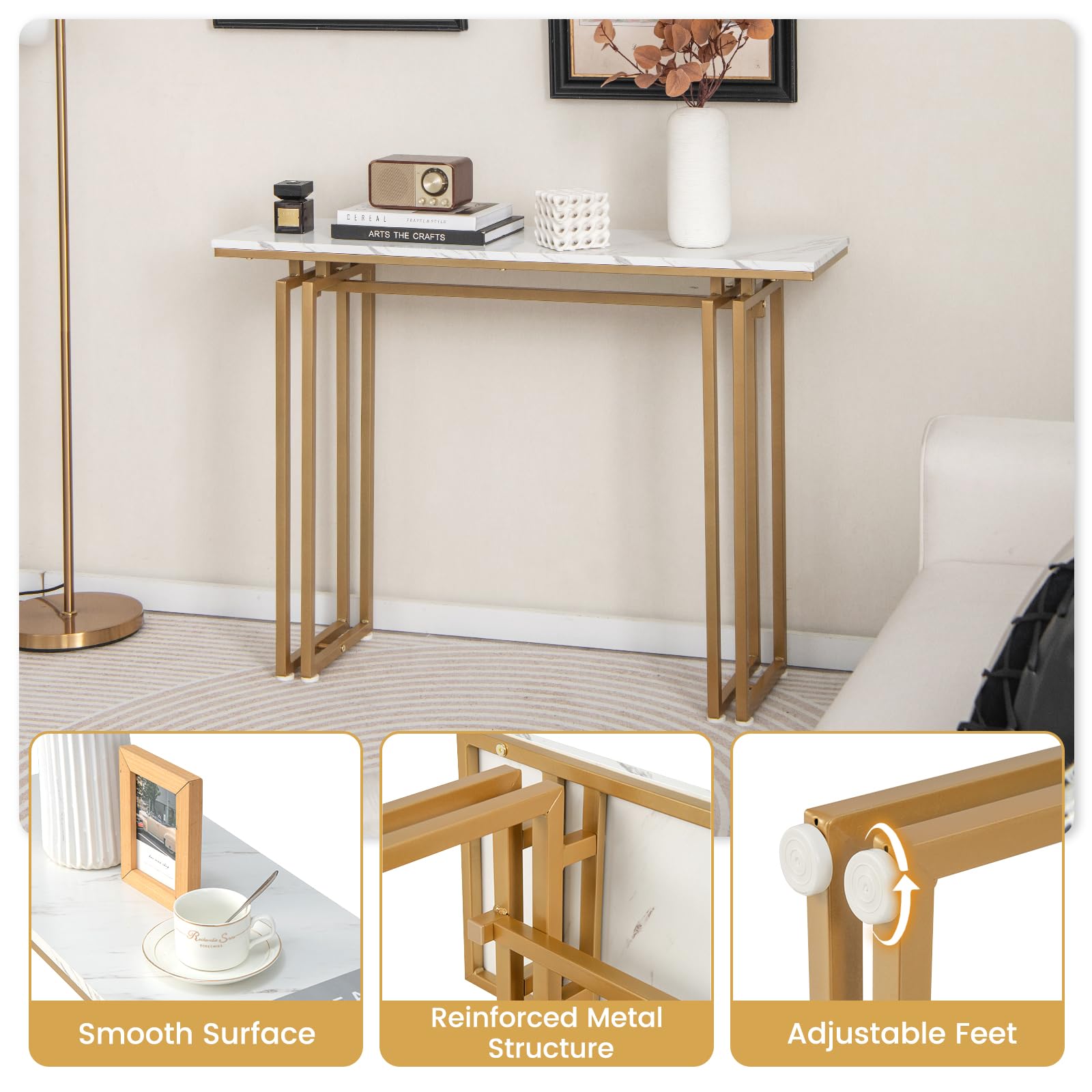 Giantex 110cm Console Table, Faux Marble Sofa Table w/Sturdy Metal Legs