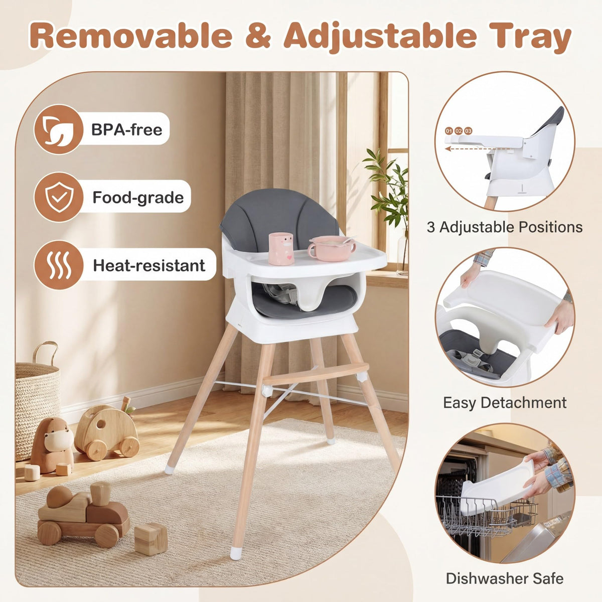 Convertible High Chair for Babies & Toddlers, Baby Feeding Chair w/3-Position Adjustable Tray & 5-Point Harness