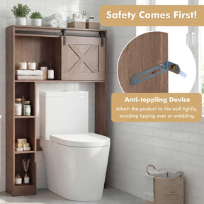 Over The Toilet Storage Cabinet, Freestanding Bathroom Organizer with Sliding Barn Door & Shelves