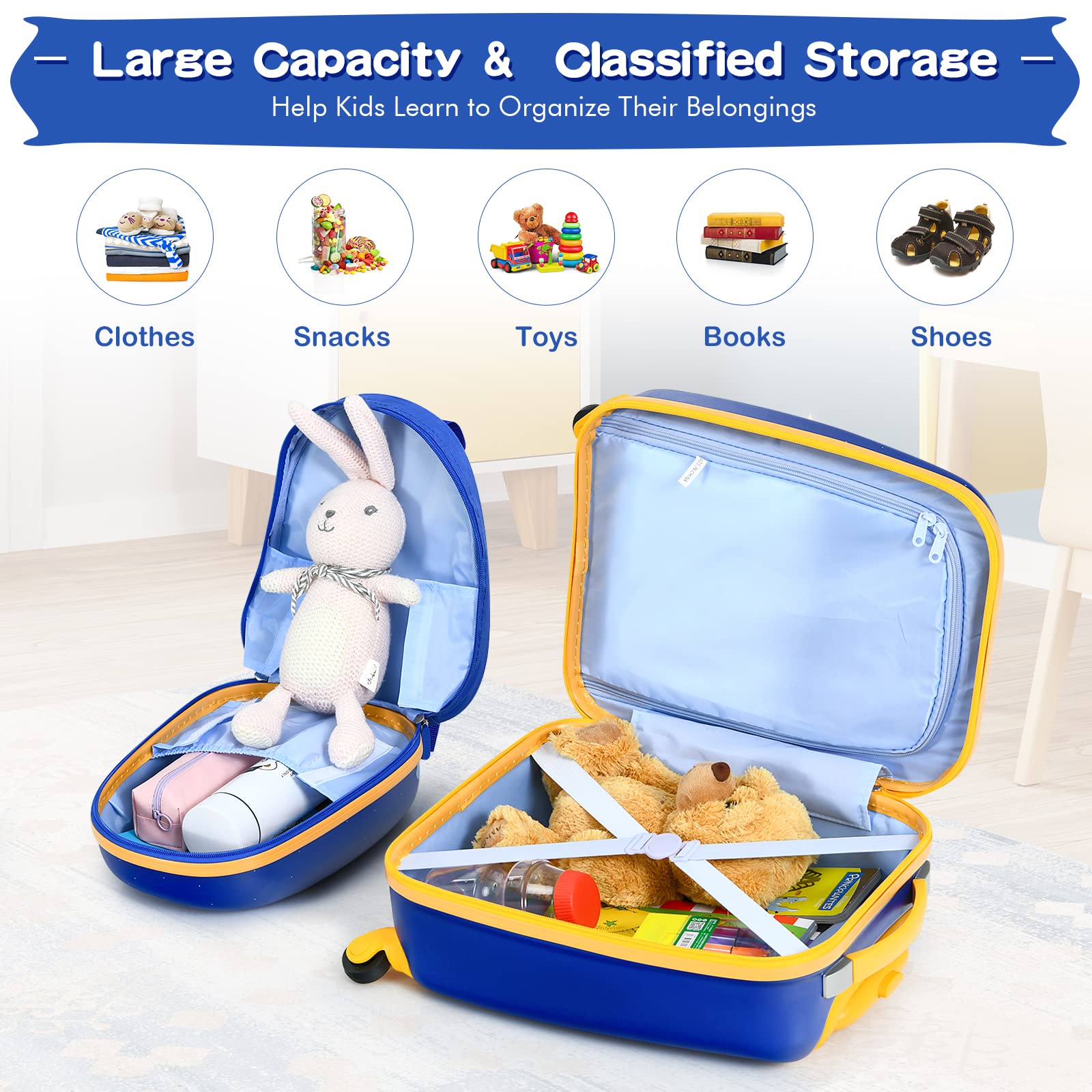 2 PCS Kids Luggage Set, 13" & 16" Kids Carry On Suitcase Set, Children Travel Rolling Trolley Suitcase