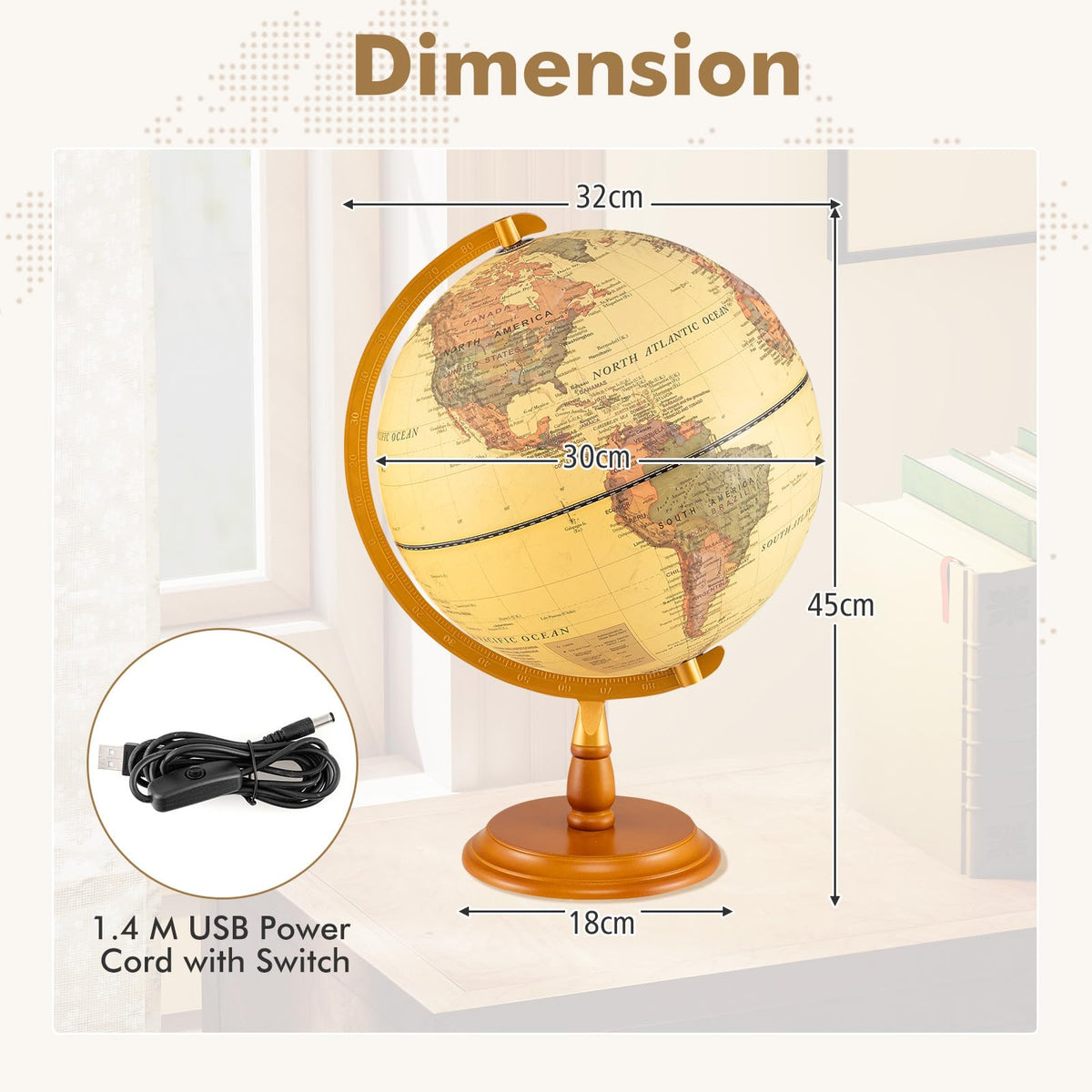 30 cm Illuminated World Globe, Antique Light up Globe Night Lamp with Wooden Stand and Clear Map for Kids and Adults