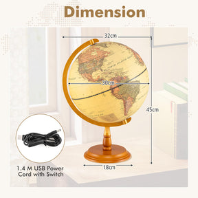 30 cm Illuminated World Globe, Antique Light up Globe Night Lamp with Wooden Stand and Clear Map for Kids and Adults