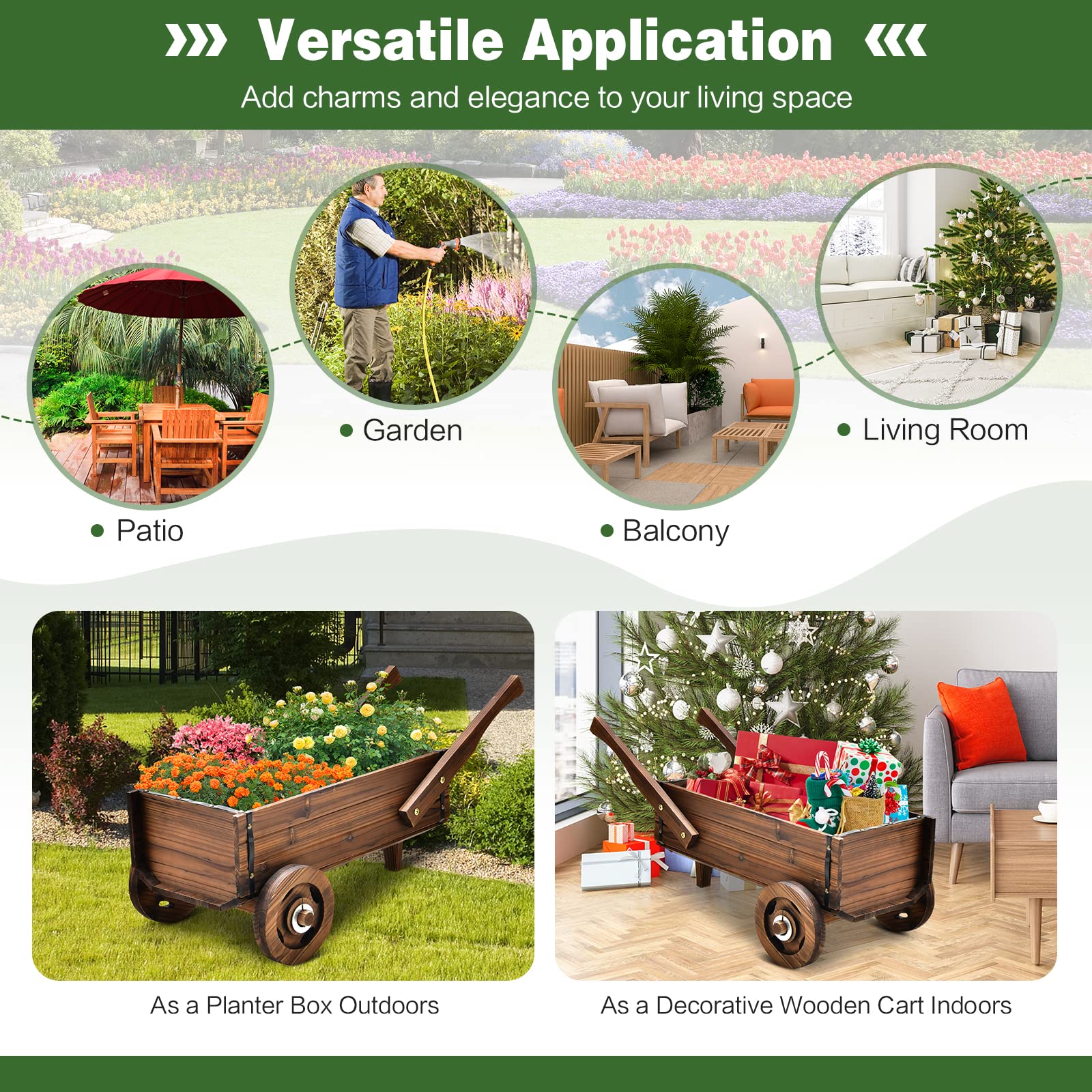 Giantex Wooden Wagon Planter Box, Decorative Wagon Cart with Wheels, Handles, Drainage Hole