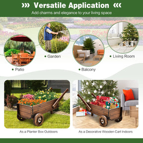 Giantex Wooden Wagon Planter Box, Decorative Wagon Cart with Wheels, Handles, Drainage Hole