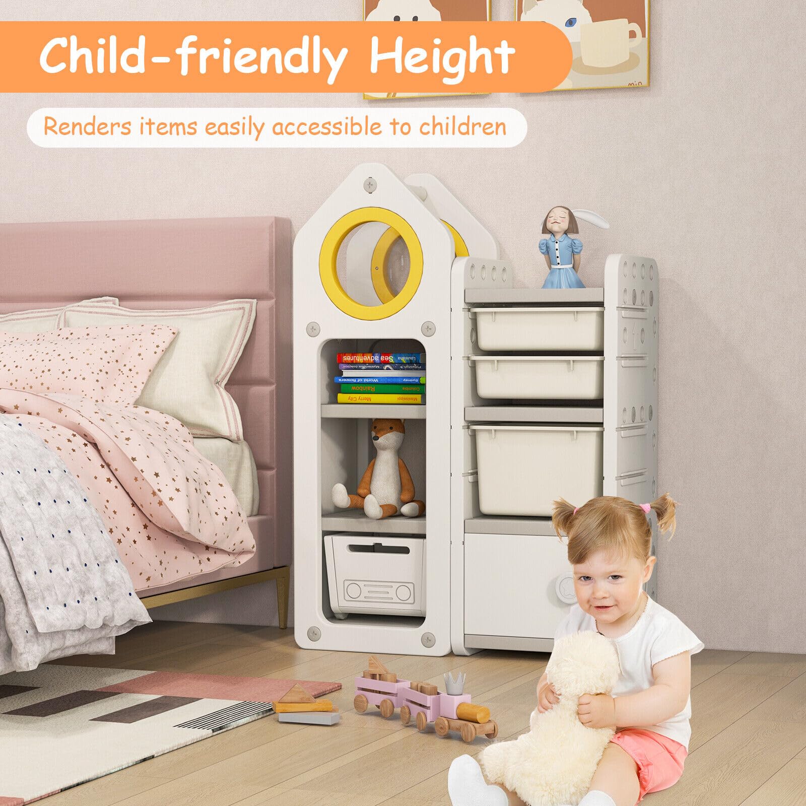 HONEY JOY Kids Toy Storage Organiser, Toy Chest and Bookshelf w/Mobile Trolley, Enclosed Cabinets & Storage Bins