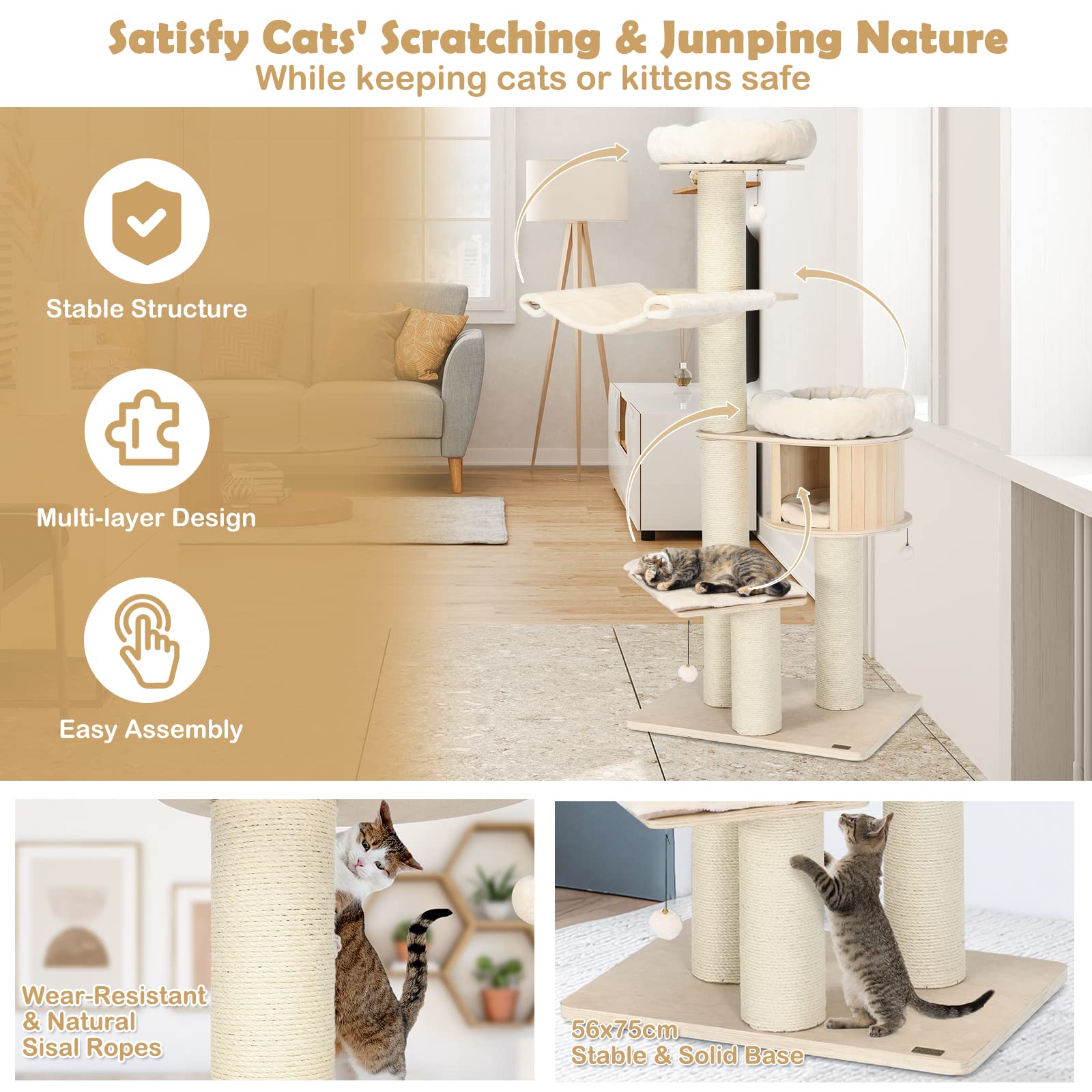 174cm Solid Wood Cat Tree, 4-Layer Cat Tower W/Sisal Scratching Posts, Cat Condo, Top Plush Perch