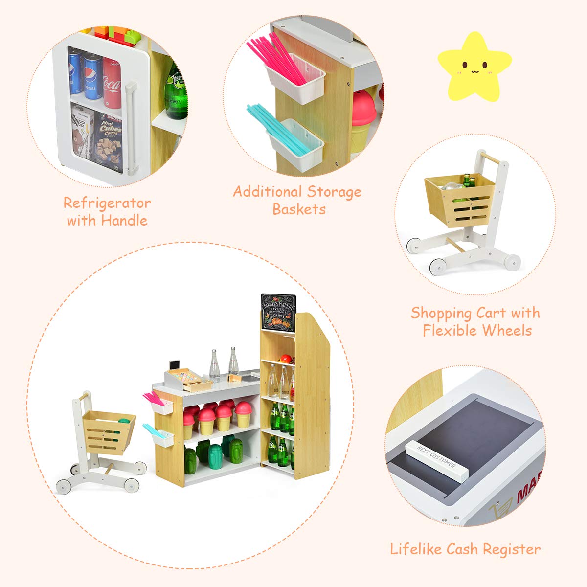 HONEY JOY Pretend Grocery Store Playset, Supermarket Play Toy with Shopping Cart