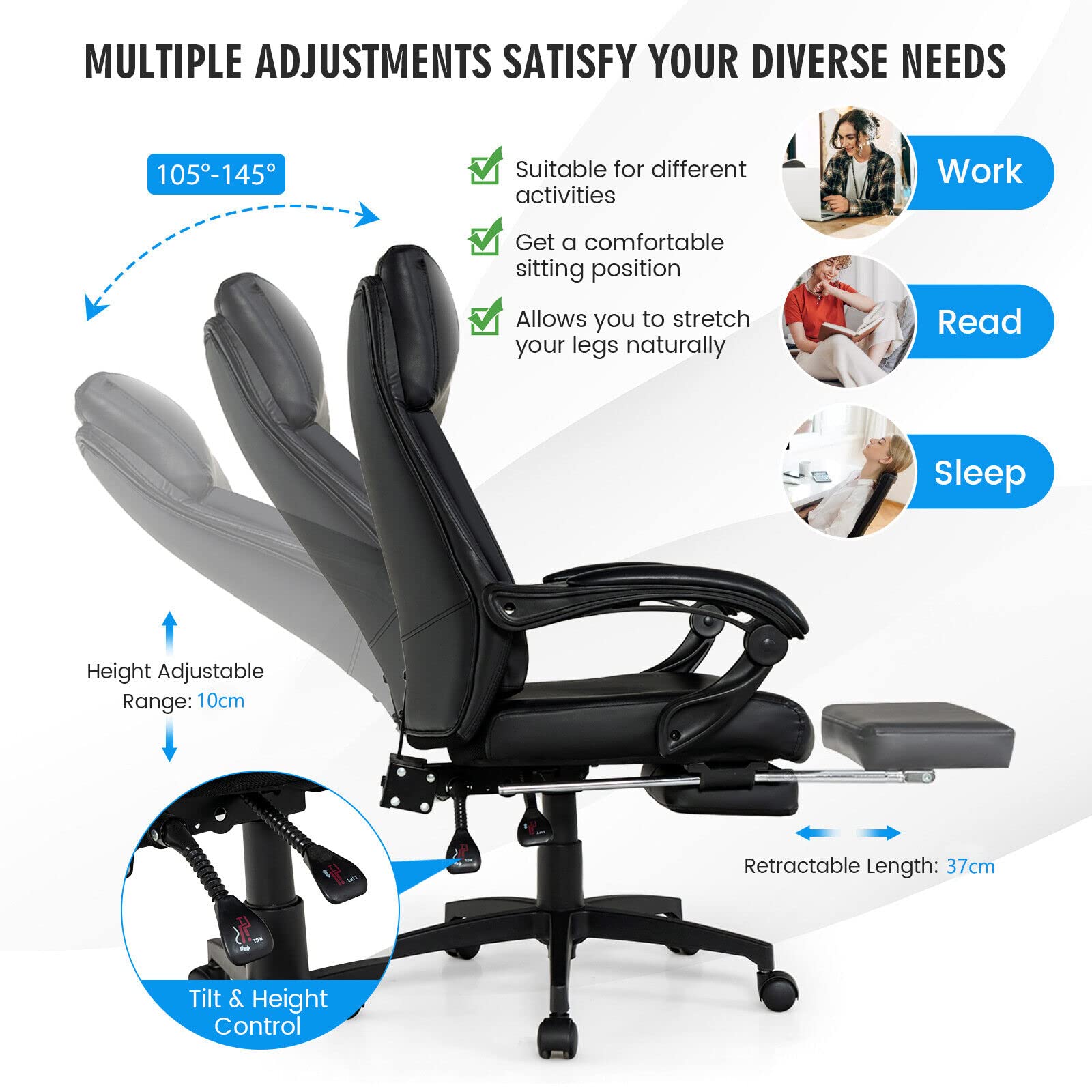Giantex Ergonomic Executive Office Chair, High Back Leather Reclining Chair w/Headrest, Black
