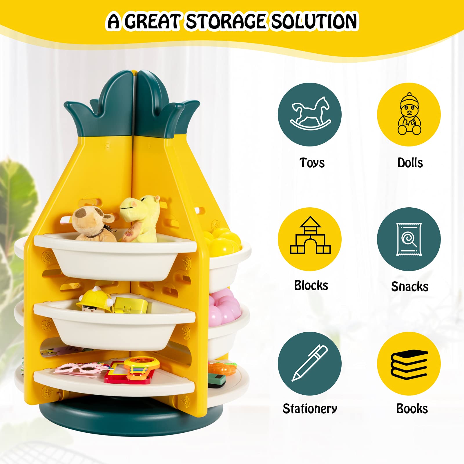 BABY JOY Kids Toy Storage Organiser, 3-Tier 360° Rotating Toy Shelf w/ 8 Bins & 4 Shelves