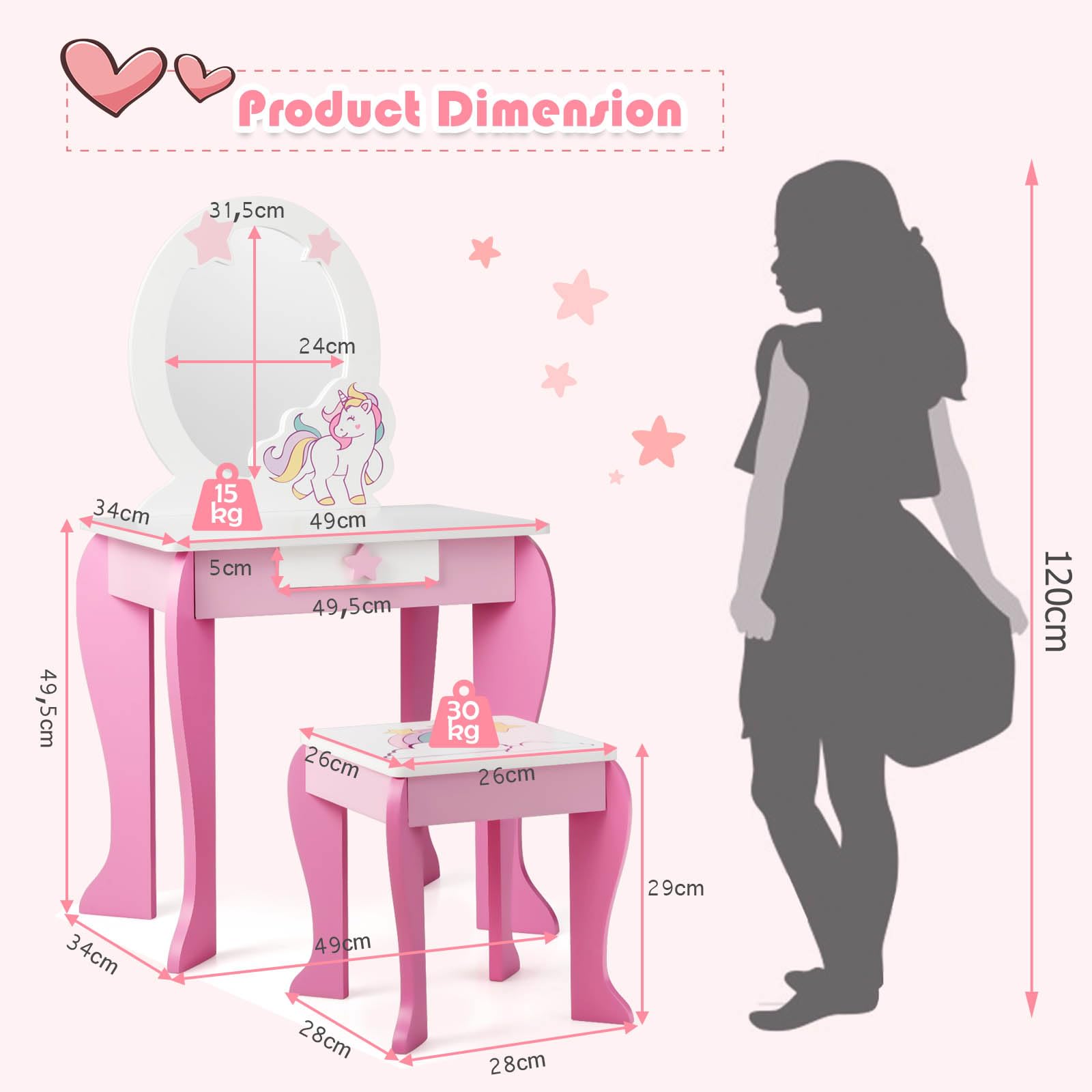Kids Vanity Table and Chair Set with Mirror and Stool TOP 50 Bonus Trinkets Set