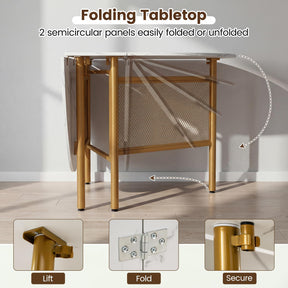 150 CM Folding Dining Table for 6-8 People, Drop Leaf Space Saving Oval Kitchen Table with Golden Metal Legs & Marble-Finished Tabletop