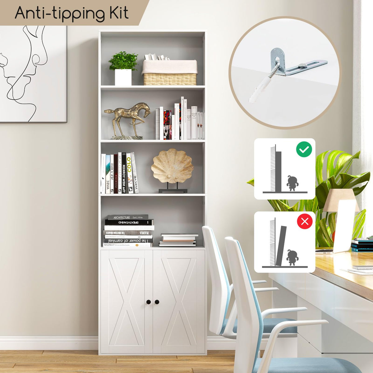 Farmhouse Bookcase with Doors, 180cm Freestanding Bookshelf with 6 Shelves & 2-Door Cabinet