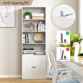 Farmhouse Bookcase with Doors, 180cm Freestanding Bookshelf with 6 Shelves & 2-Door Cabinet