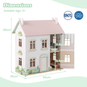 Kids Wooden Dollhouse with Double-Sided Roofs and Openable Doors