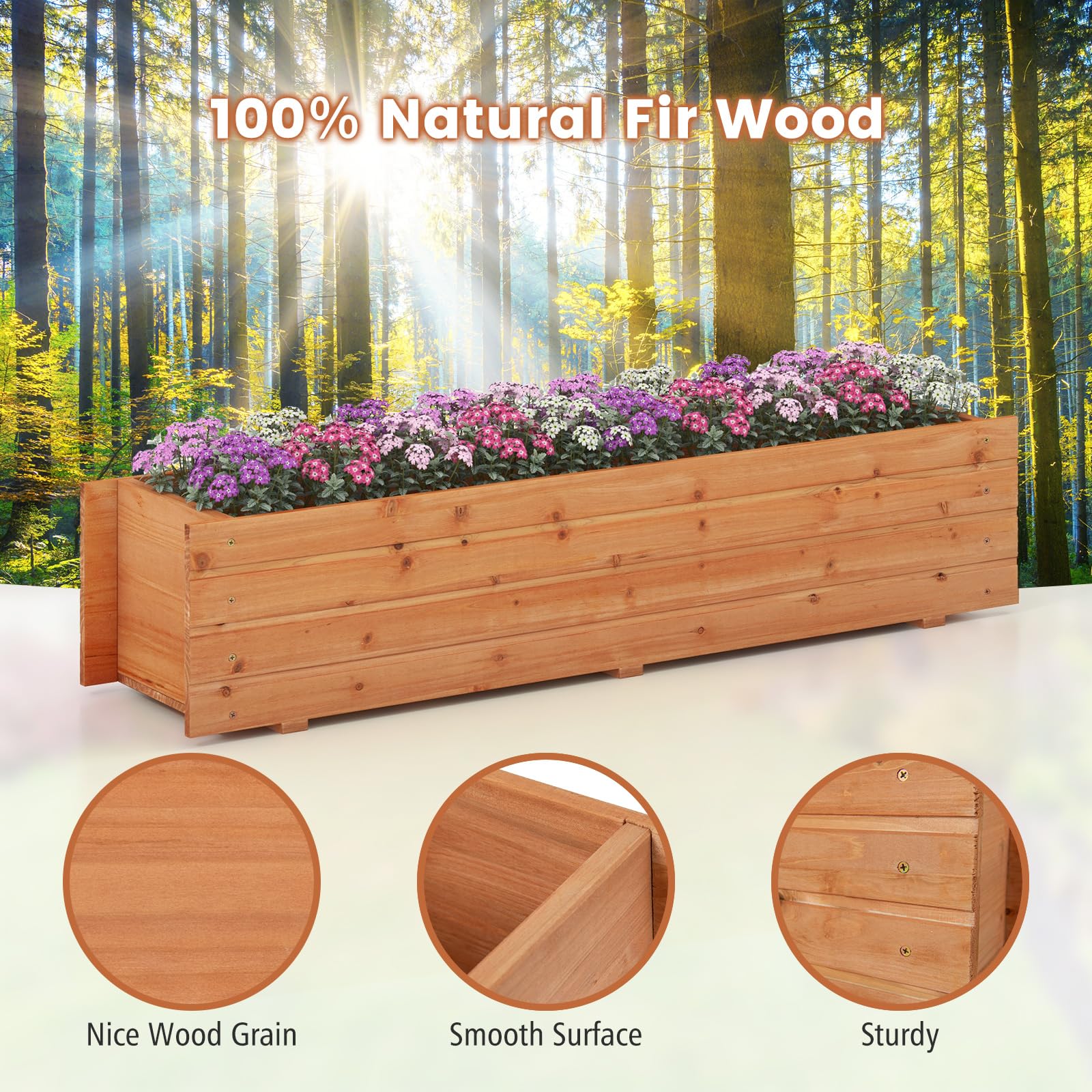 Raised Garden Bed, Fir Wood Planter Box with 2 Drainage Holes & 3 Added Bottom Crossbars