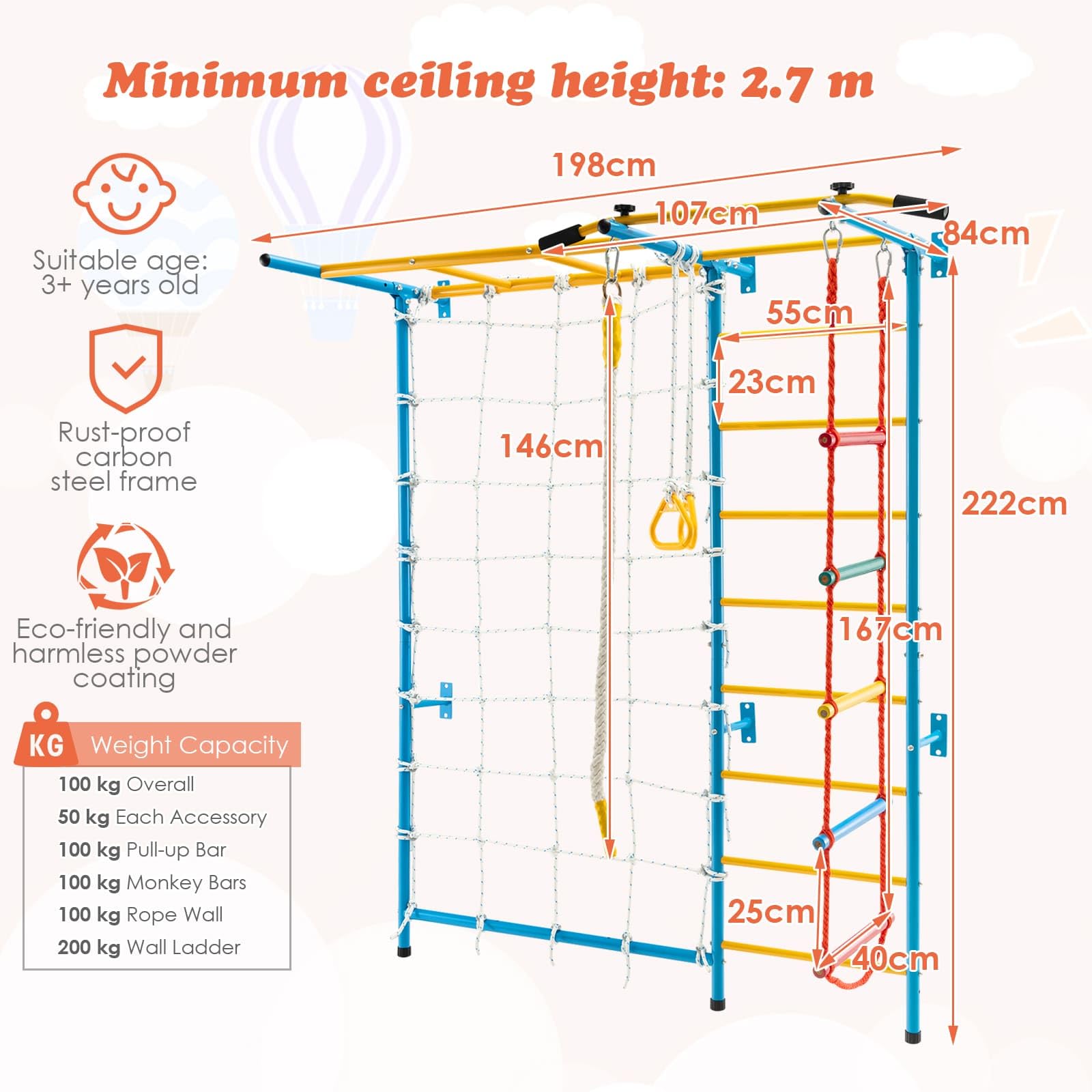 7-in-1 Steel Home Playground with Monkey Bars, Rope Wall, Wall Ladder, Pull-up Bar, Rope Ladder