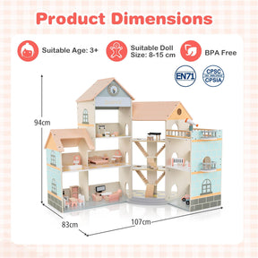 Wooden Corner Dollhouse Playset with 34 Pieces of Furniture and Accessories