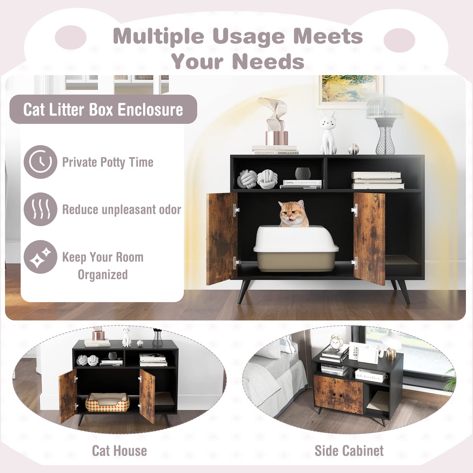 Cat Litter Box Enclosure with Scratching Pad, Slanted Metal Legs, Cat Furniture End Table Nightstand with 2 Storage Shelves