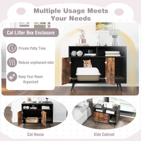Cat Litter Box Enclosure with Scratching Pad, Slanted Metal Legs, Cat Furniture End Table Nightstand with 2 Storage Shelves