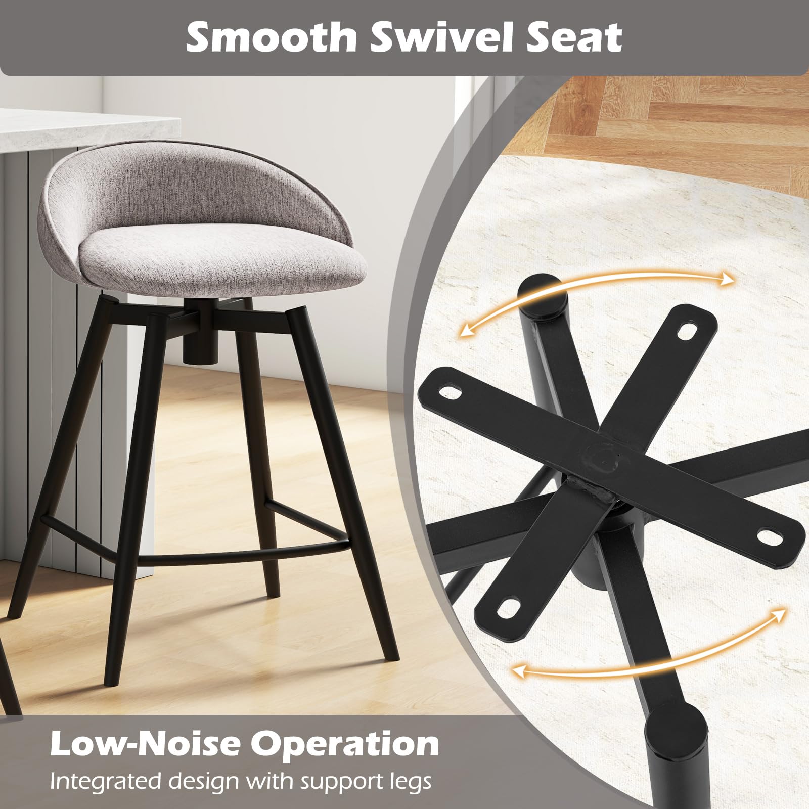 63 cm Upholstered Bar Stools Set of 2 Counter Height Swivel Barstools w/Footrest