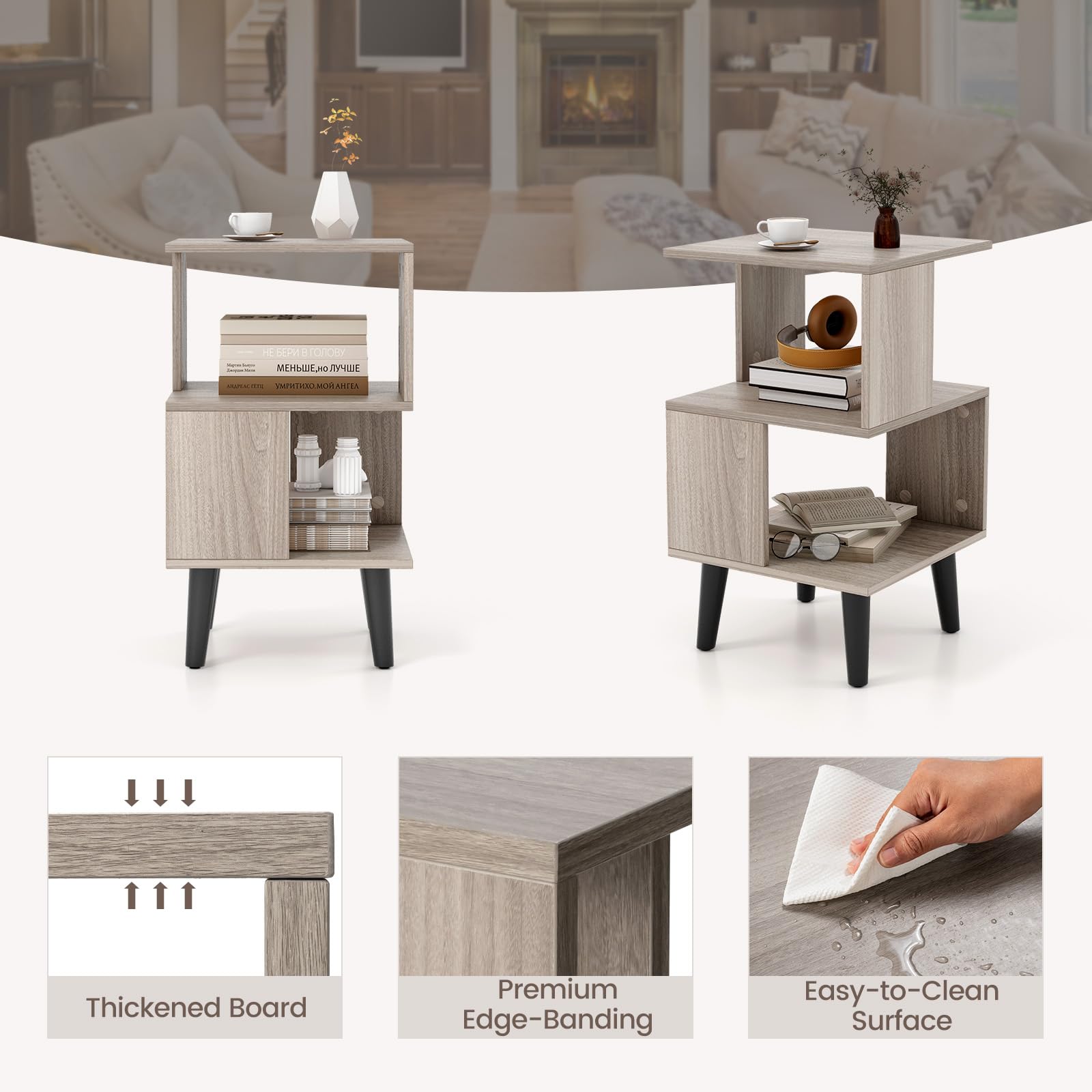 3-Tier Geometric Bookshelf Set of 2, Modern Asymmetrical End Table