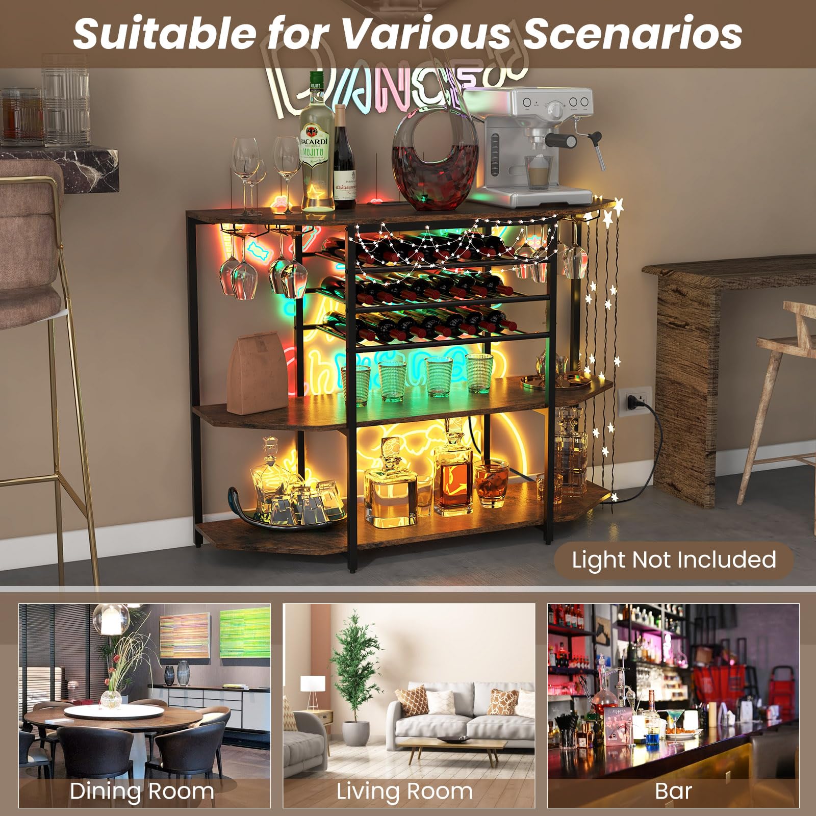 Giantex Wine Rack Table with Power Outlets, 3-Tier Freestanding Liquor Cabinet