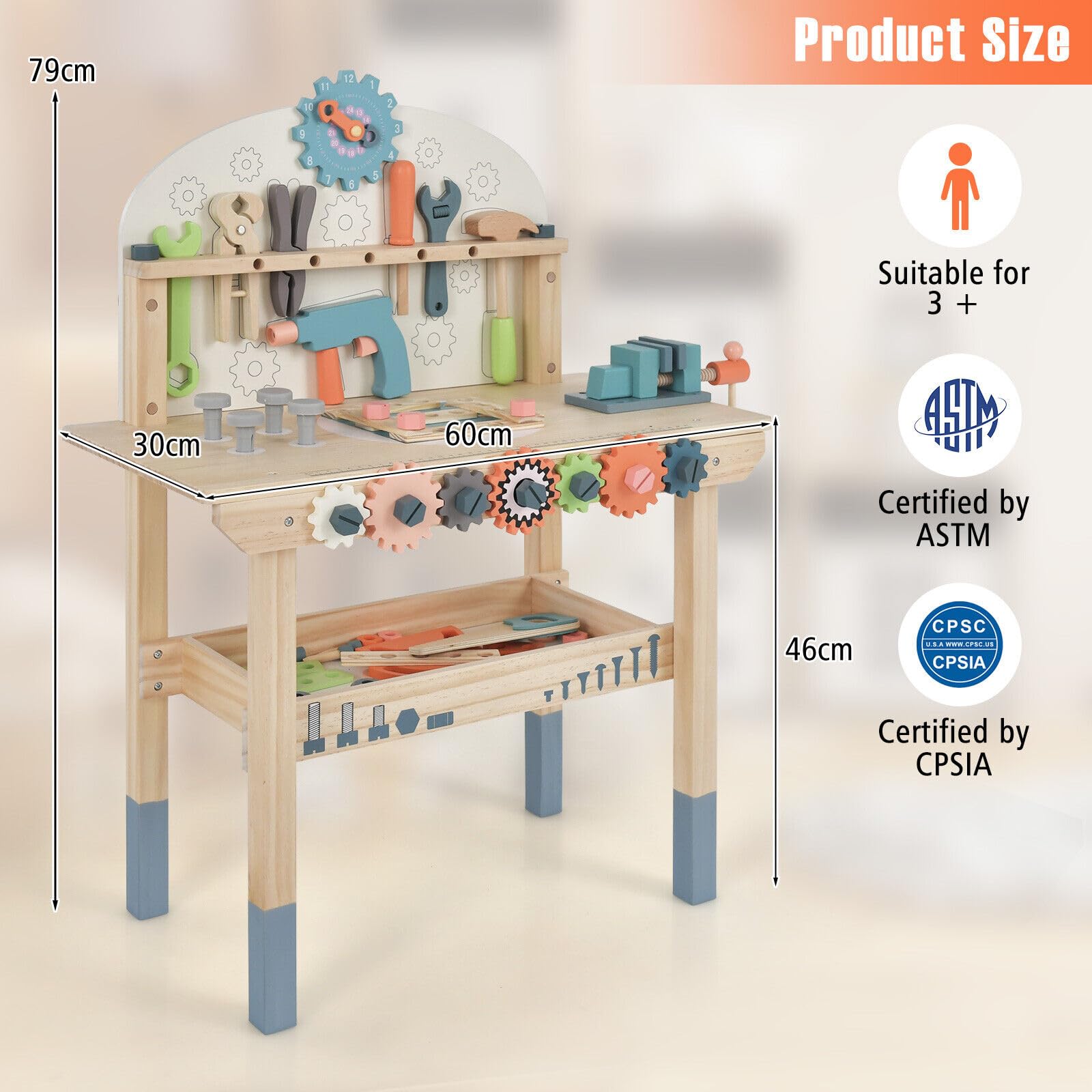 Kids Tool Bench, Wooden Pretend Workbench w/63 Toy Tools and Accessories